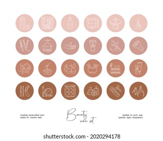 Set of hand drawn line art vector beauty illustrations. Vector line icons set for social media story highlight.