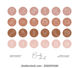 Set of hand drawn line art vector beauty illustrations. Vector line icons set for social media story highlight.