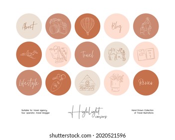Set of hand drawn line art travel vector illustrations. Vector set design templates icons and emblems for social media story highlight.