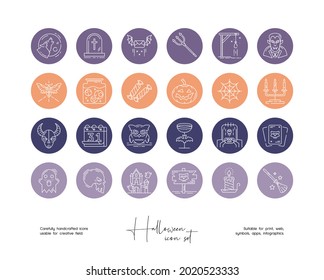 Set of hand drawn line art vector Halloween illustrations. Vector line icons set for social media story highlight.
