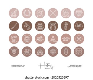 Set of hand drawn line art vector history illustrations. Vector line icons set for social media story highlight.
