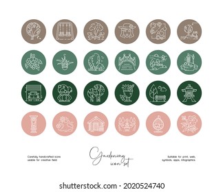 Set of hand drawn line art vector gardening illustrations. Vector line icons set for social media story highlight.
