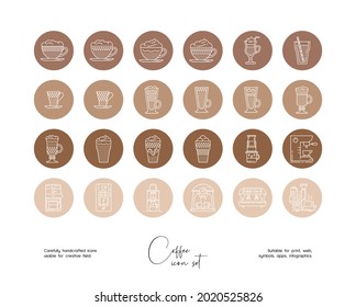 Conjunto de ilustraciones de arte de línea dibujada a mano vectorial de alimentos y bebidas. Iconos de línea vectorial establecidos para el resalte de historias en medios sociales.
