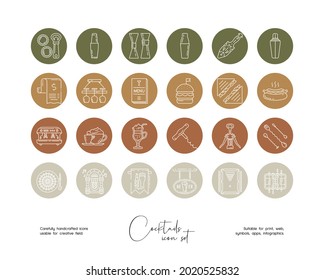 Set of hand drawn line art vector food and drinks illustrations. Vector line icons set for social media story highlight.

