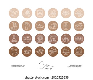 Set of hand drawn line art vector food and drinks illustrations. Vector line icons set for social media story highlight.
