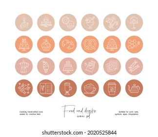 Set of hand drawn line art vector food and drinks illustrations. Vector line icons set for social media story highlight.
