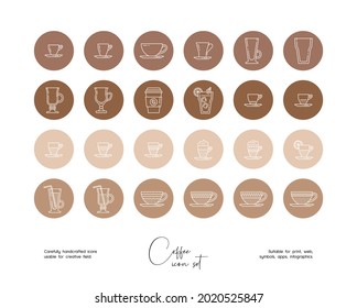 Set handgezeichnete Linie Kunst Vektorgrafiken Lebensmittel und Getränke Illustrationen. Symbole für Vektorgrafiken, die für die Geschichte sozialer Medien festgelegt wurden, heben hervor.
