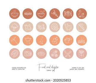 Set of hand drawn line art vector food and drinks illustrations. Vector line icons set for social media story highlight.
