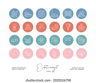 Set of hand drawn line art vector entertainment illustrations. Vector line icons set for social media story highlight.
