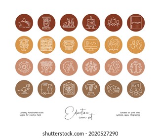 Set of hand drawn line art vector education illustrations. Vector line icons set for social media story highlight.
