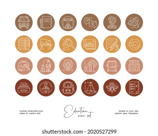 Set of hand drawn line art vector education illustrations. Vector line icons set for social media story highlight.
