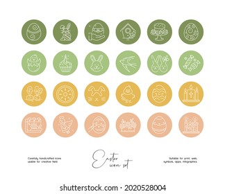 Juego de ilustraciones de líneas dibujadas a mano vectorial de Pascua. Iconos de línea vectorial establecidos para el resalte de historias en medios sociales.

