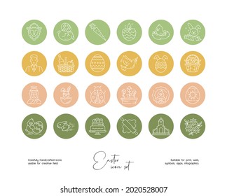 Set of hand drawn line art vector Easter illustrations. Vector line icons set for social media story highlight.
