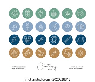 Set of hand drawn line art vector Christmas illustrations. Vector line icons set for social media story highlight.
