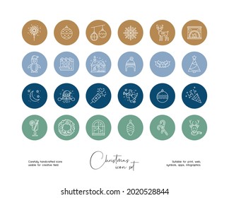 Set of hand drawn line art vector Christmas illustrations. Vector line icons set for social media story highlight.
