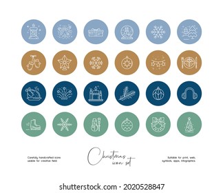 Conjunto de ilustraciones de navidad de vectores de líneas dibujadas a mano. Iconos de línea vectorial establecidos para el resalte de historias en medios sociales.
