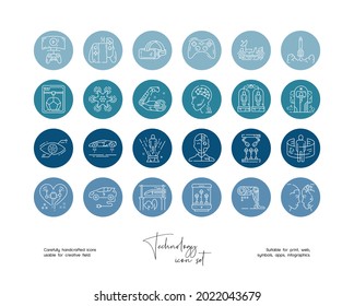 Set of hand drawn line art technology vector illustrations. Vector line icons set for social media story highlight.