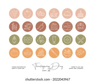 Set of hand drawn line art Thanksgiving Day vector illustrations. Vector line icons set for social media story highlight.