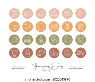 Set of hand drawn line art Thanksgiving Day vector illustrations. Vector line icons set for social media story highlight.