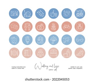 Conjunto de ilustraciones de arte de línea dibujada a mano e ilustraciones de vectores de amor. Iconos de línea vectorial establecidos para el resalte de historias en medios sociales.