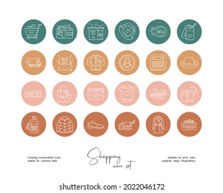 Set of hand drawn line art online shopping vector illustrations. Vector line icons set for social media story highlight.