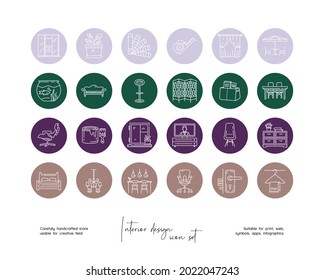 Set of hand drawn line art interior design vector illustrations. Vector line icons set for social media story highlight.