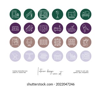 Set of hand drawn line art interior design vector illustrations. Vector line icons set for social media story highlight.