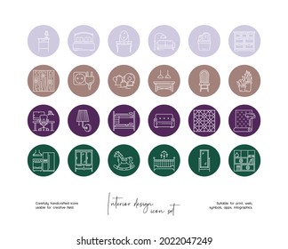 Set of hand drawn line art interior design vector illustrations. Vector line icons set for social media story highlight.