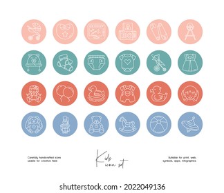 Set of hand drawn line art vector baby illustrations. Vector line icons set for social media story highlight.