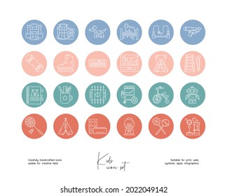 Conjunto de ilustraciones de niños vectoriales de líneas dibujadas a mano. Iconos de línea vectorial establecidos para el resalte de historias en medios sociales.
