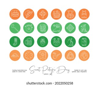 Set of hand drawn line art vector Saint Patrick's Day illustrations. Vector line icons set for social media story highlight.