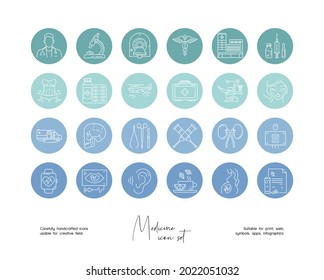 Set of hand drawn line art vector medicine illustrations. Vector line icons set for social media story highlight.
