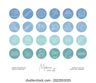 Set of hand drawn line art vector medicine illustrations. Vector line icons set for social media story highlight.