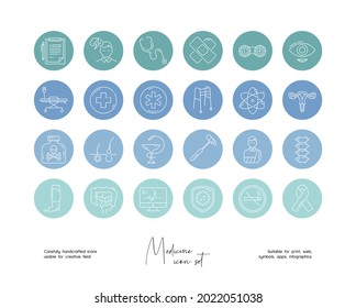 Set of hand drawn line art vector medicine illustrations. Vector line icons set for social media story highlight.