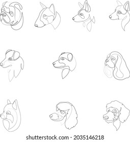 Set of hand drawn line art illustrations of dog characters portraits.