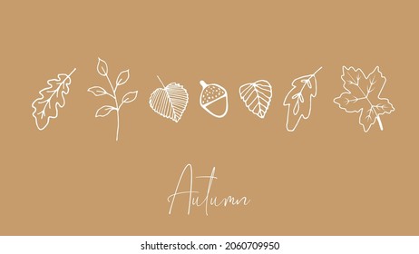 Conjunto de líneas dibujadas a mano arte otoño hojas sobre fondo marrón. Patrón horizontal sin brillo. Ilustración vectorial en estilo doodle para diseño de banner. 