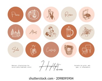 Set handgezeichnete Kunstkosmetik- und Schönheitsillustrationen für Highlights in sozialen Medien 