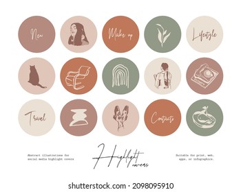 Set of hand drawn line art cosmetics and beauty illustrations for social media highlight covers 