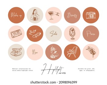 Set of hand drawn line art cosmetics and beauty illustrations for social media highlight covers 