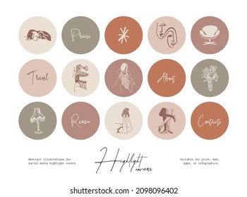 Set of hand drawn line art cosmetics and beauty illustrations for social media highlight covers 