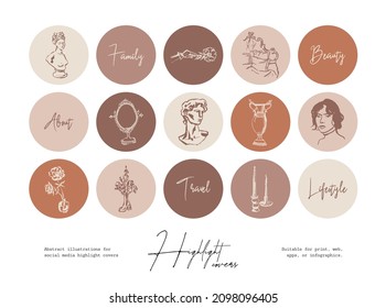 Set of hand drawn line art cosmetics and beauty illustrations for social media highlight covers 