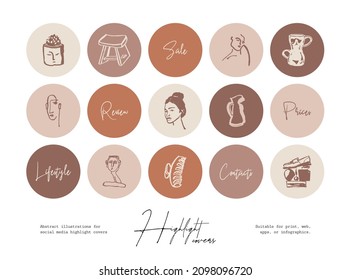 Set of hand drawn line art cosmetics and beauty illustrations for social media highlight covers 