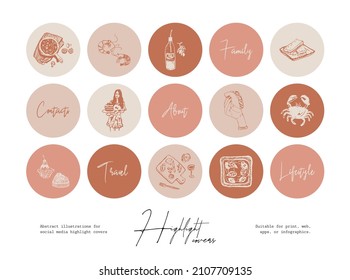 Set of hand drawn line art food and beverages illustrations for social media highlight cover