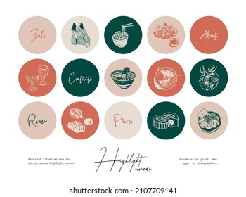 Set of hand drawn line art food and beverages illustrations for social media highlight cover