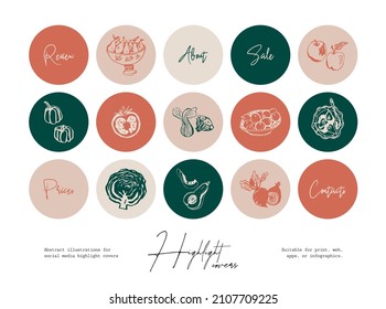 Set of hand drawn line art food and beverages illustrations for social media highlight cover