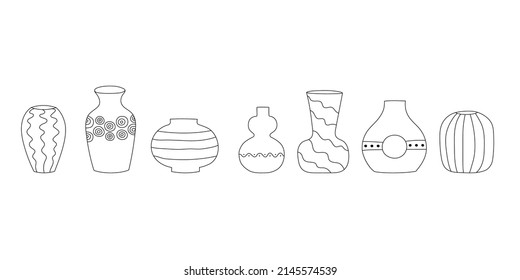 Set of hand drawn line art vases. Doodle clay pottery collection. Isolated vector illustration