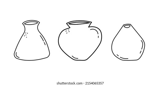 Set of hand drawn line art vases. Doodle clay pottery collection. Isolated vector illustration