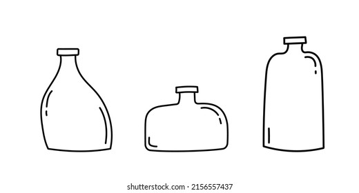 Set of hand drawn line art bottles. Doodle flower vases collection. Isolated vector illustration 