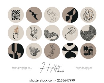 Set of hand drawn line art boho style vector illustrations. Icons and emblems for social media highlight covers.