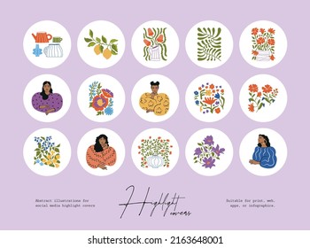 Set of hand drawn line art boho style vector illustrations. Icons and emblems for social media highlight covers.